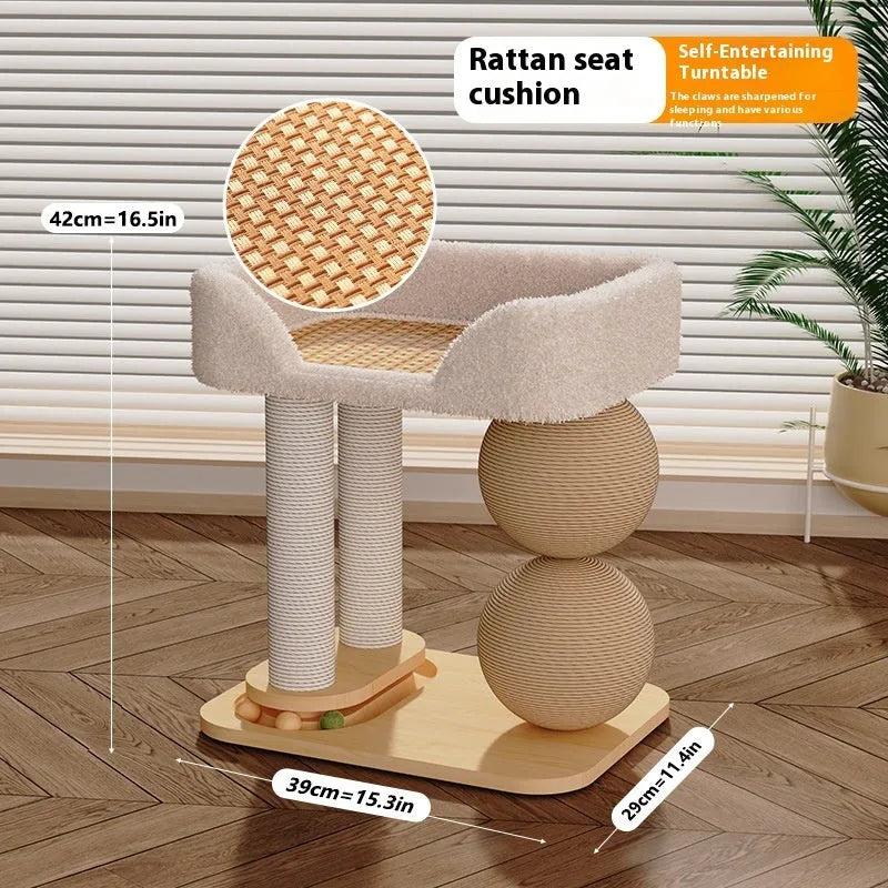 Pine wood cat nest with attached grasping balls in sisal style finish