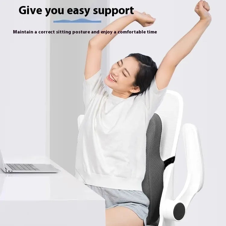 Grey lumbar support cushion for office chair, dimensions 40x40x8cm.