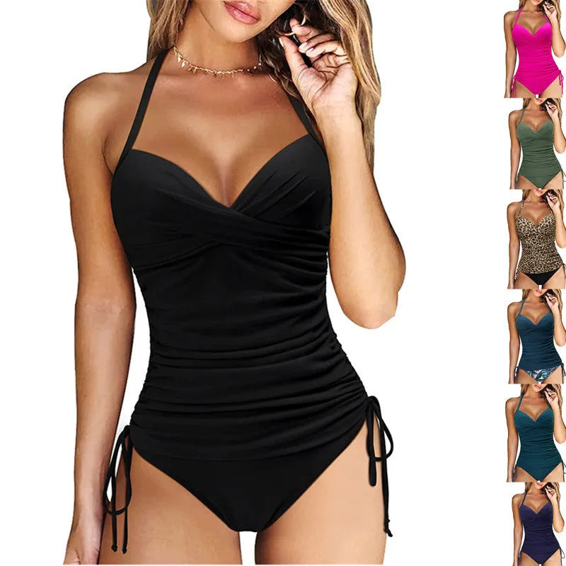Women's high waist backless bikini swimsuit in nylon fabric, shown in multiple colours.