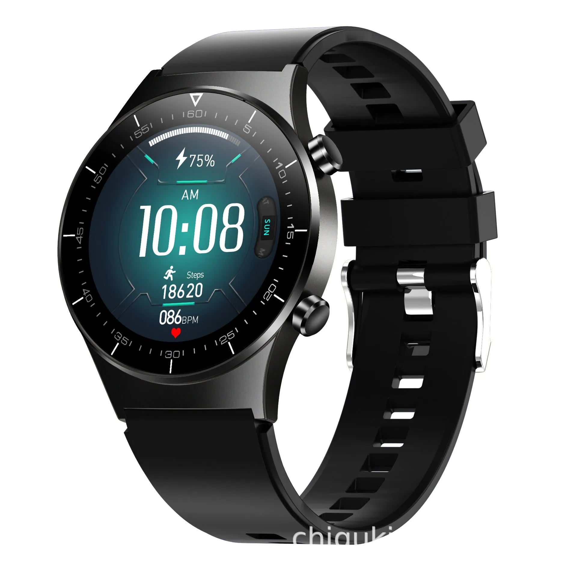 Black smart watch with 1.28-inch screen showing heart rate display on a TPU wrist strap.