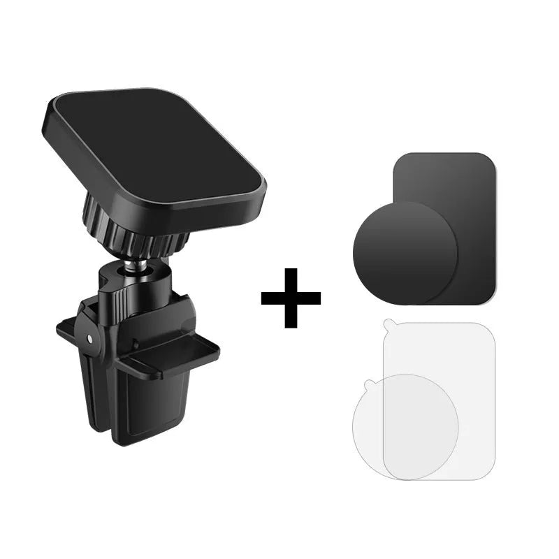Black magnetic car phone holder mounted on vehicle air conditioning vent