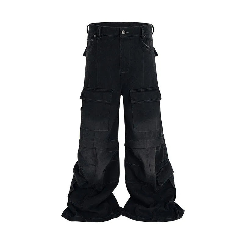 Washed-out cotton detachable overalls with multiple pockets in blue colour