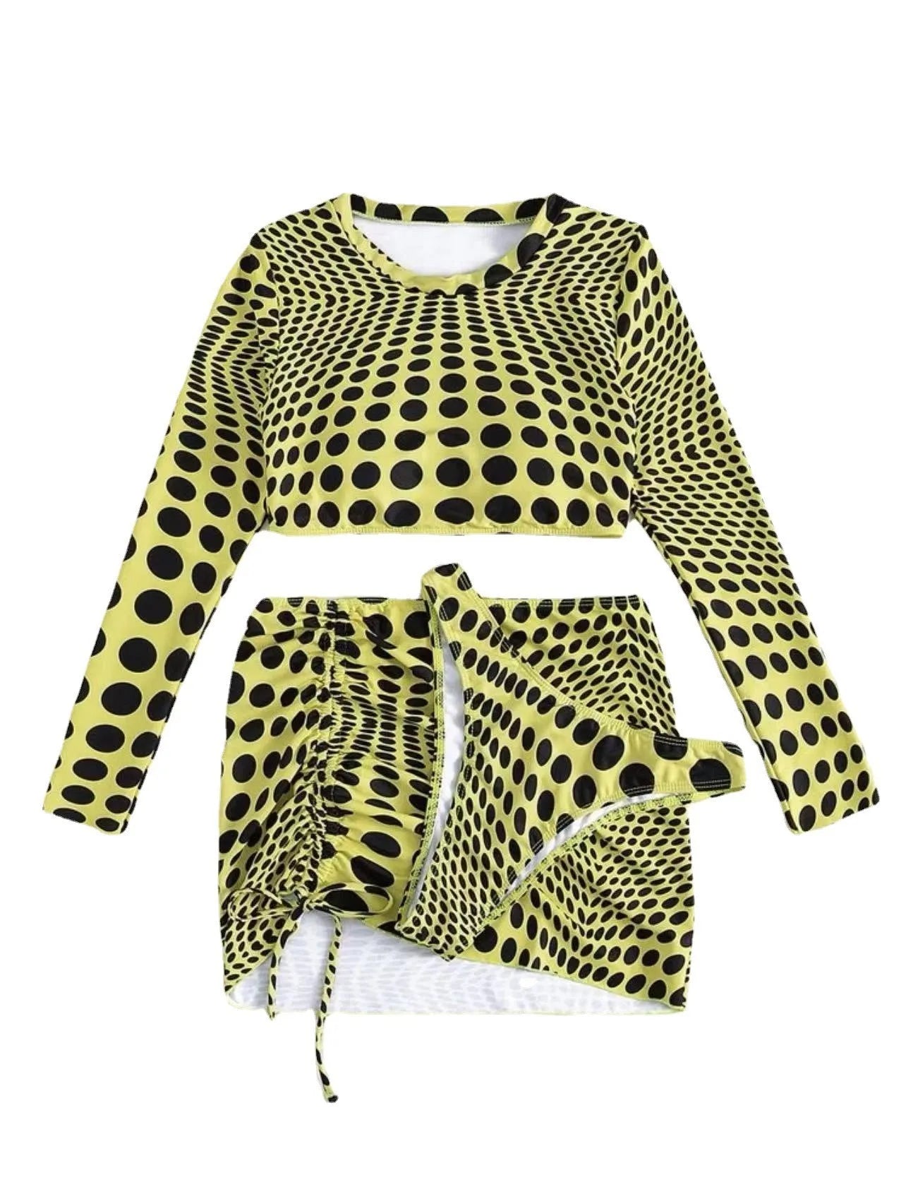 Women's green polka dot swimsuit three-piece set showing halterneck top and skirt