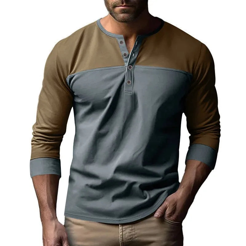 Men's long-sleeve Henry collar T-shirt in solid colour beaded twill fabric