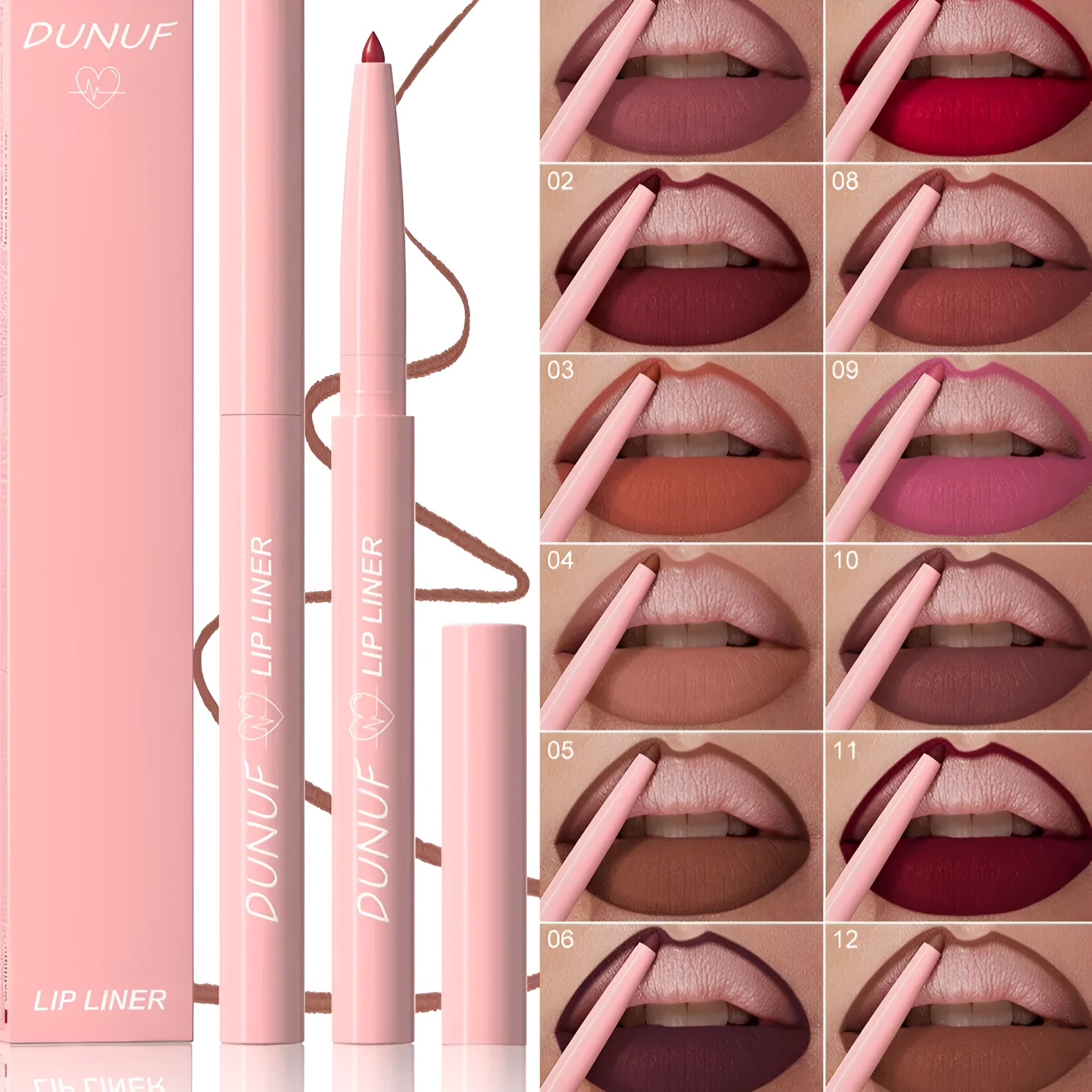 Velvet matte lip liner pencil in one of 12 available colours for easy application.