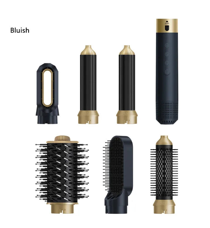 Dark blue and white 6-in-1 electric hot air comb with leather case for curling and straightening hair