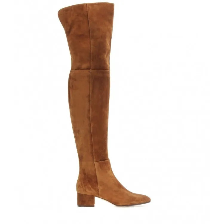 Grey suede women's flat over-the-knee boots with a pointed toe and low thick heel.