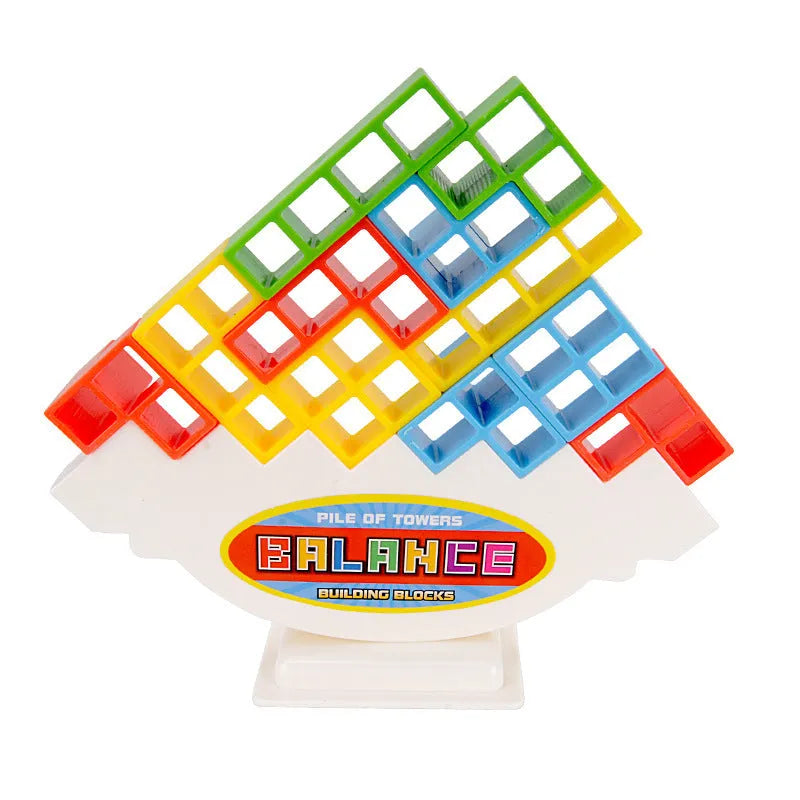 Plastic balance stacking game with 16 coloured building blocks on a chassis