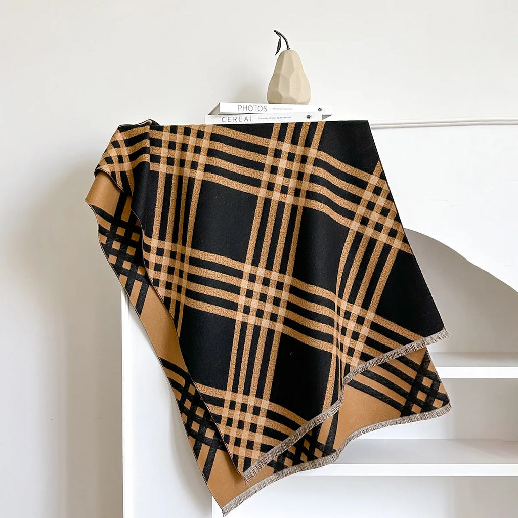 Large brown imitation cashmere winter scarf with tassels laid flat showing full 185cm length.