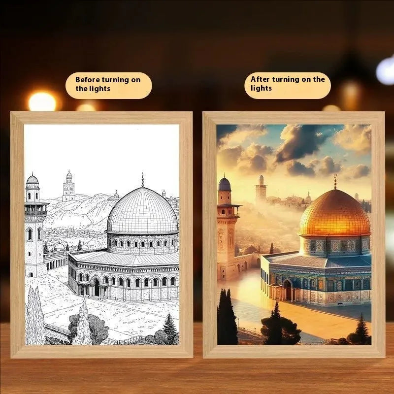 Rectangular LED light painting photo frame showing biblical scene illustration with gentle illumination