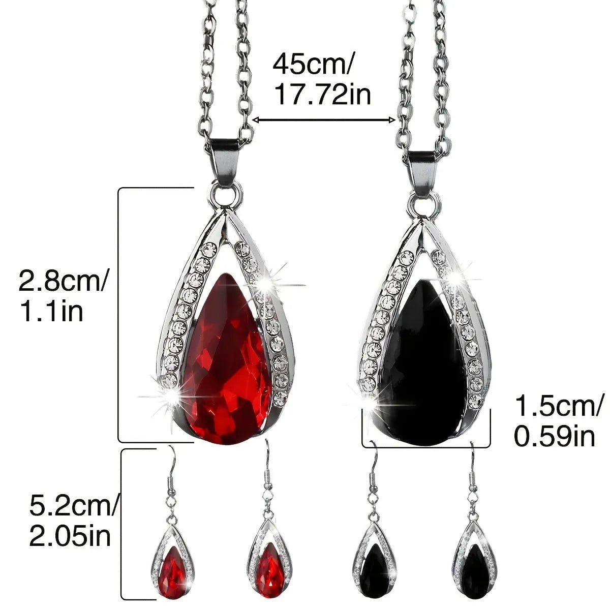 Black and red teardrop pendant necklace with matching earrings in alloy