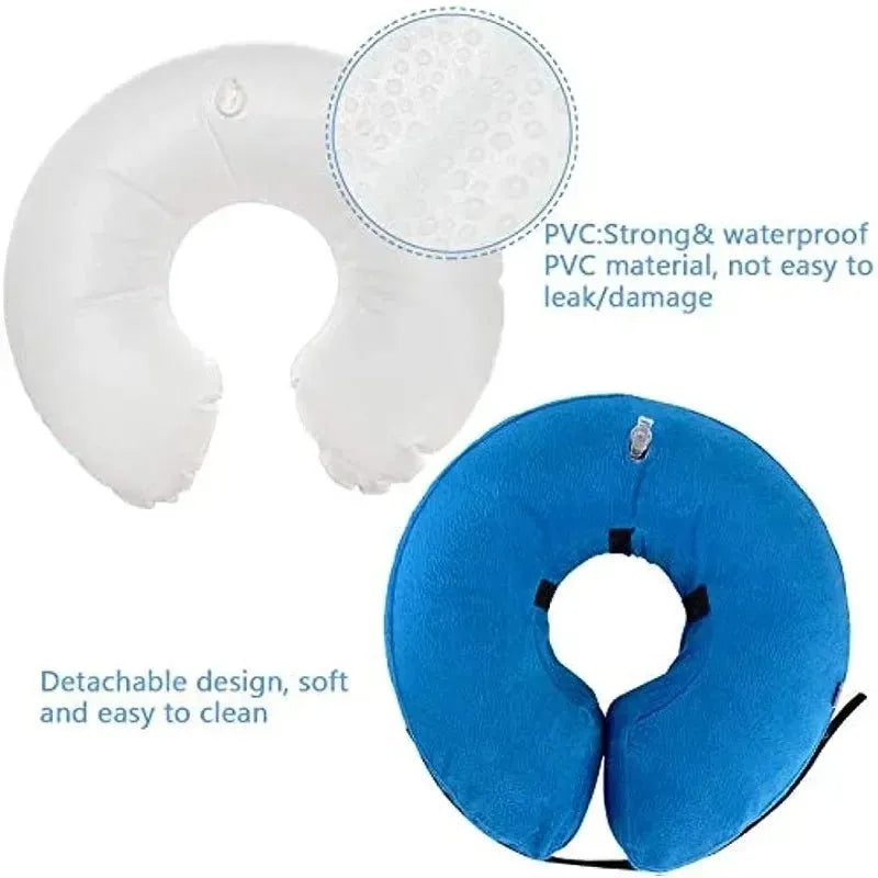 Inflatable soft pet recovery collar in blue with air valve, shown on surface