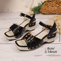 Women's white buckle sandals with chunky heel and square toe design