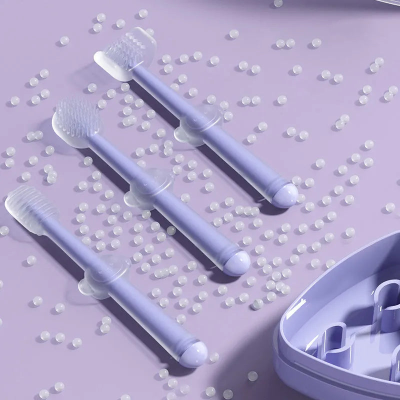 Blue silicone pet toothbrush with soft bristles and ergonomic handle for dog and cat dental care.