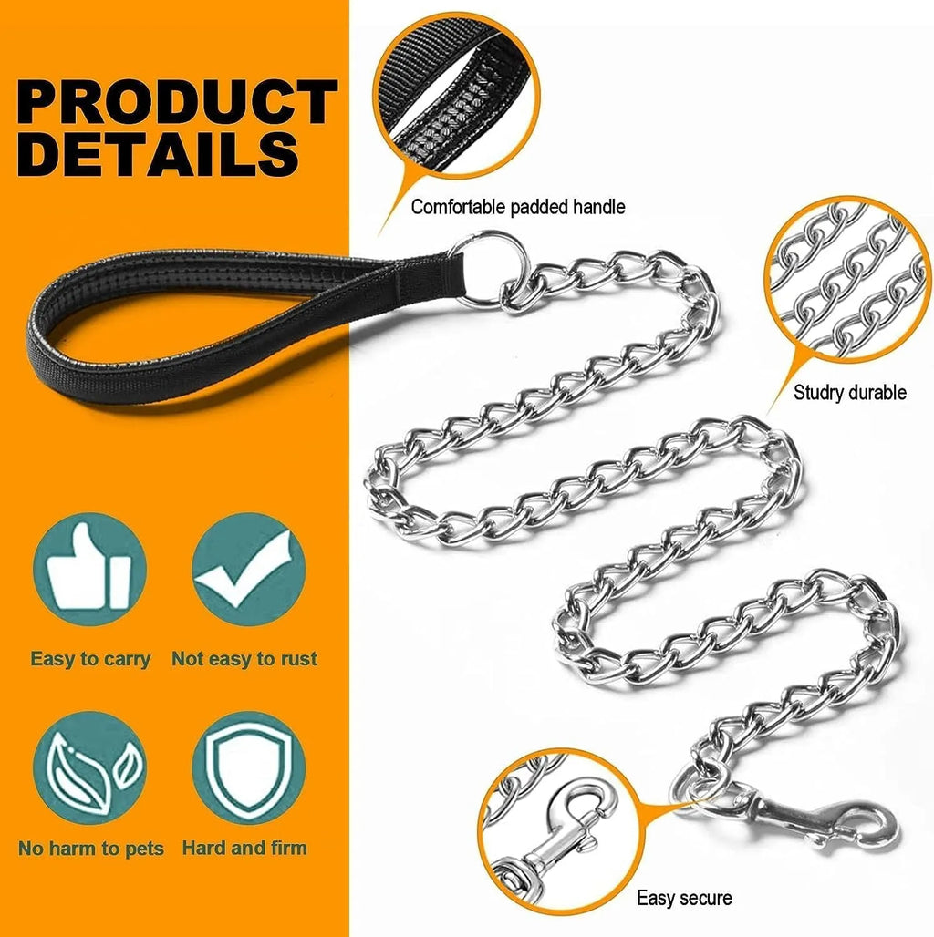 Heavy duty metal dog leash chain with soft black padded handle, shown in red colour.