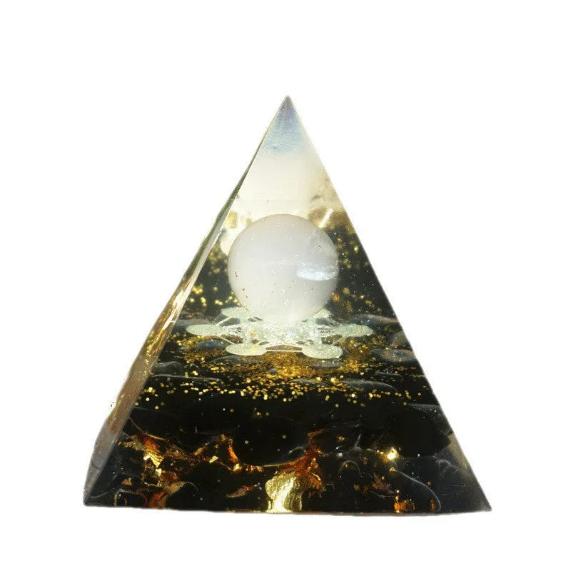6cm clear resin pyramid ornament containing natural crystal gravel in geometric shape