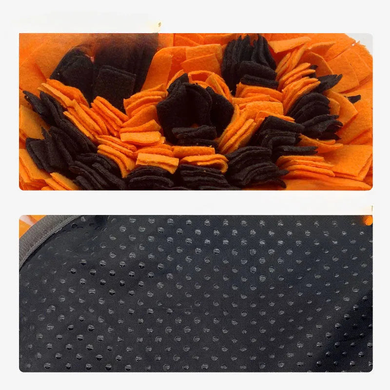 Orange pumpkin-shaped dog sniffing mat with removable pieces for slow feeding training