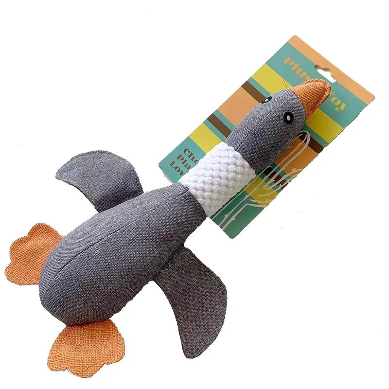 Blue duck plush dog toy with squeakers measuring 33cm long