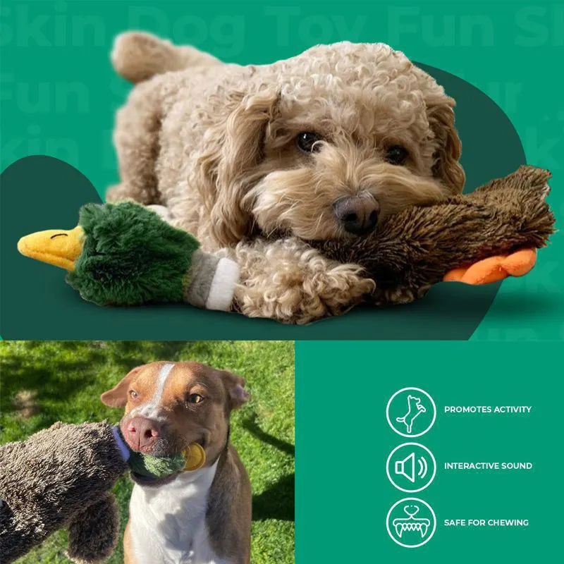 Green wild duck design stuffless squeaky dog toy with fabric plush material.