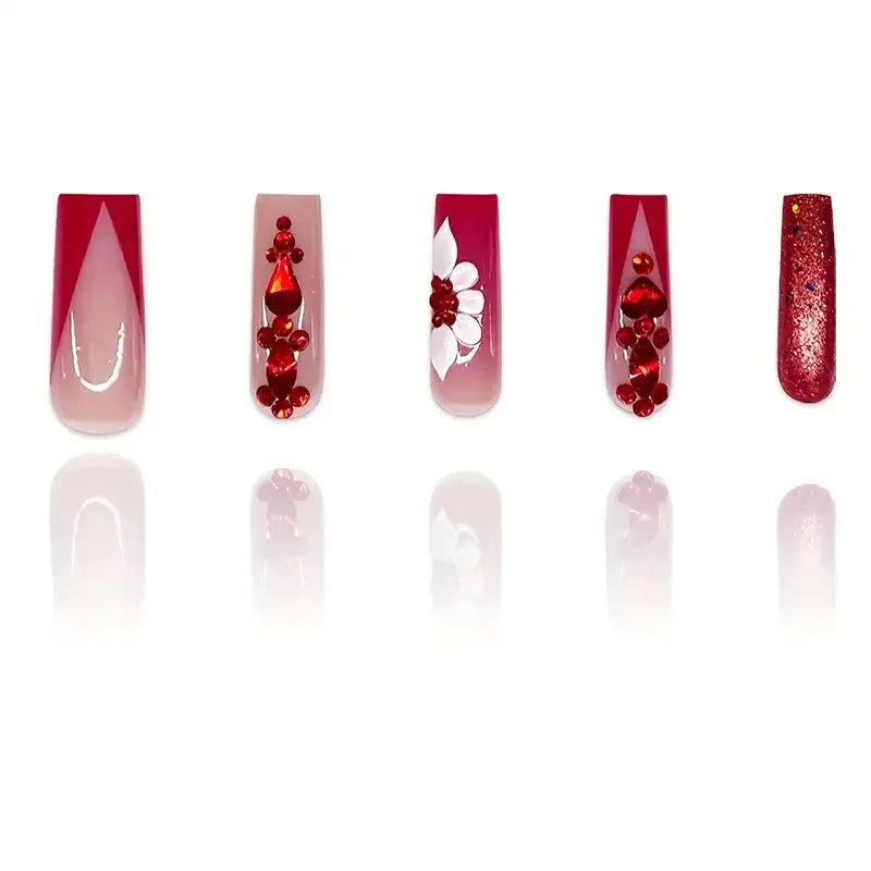 Sweet flower pattern removable fake nails with prismatic red diamond accents in European square long style