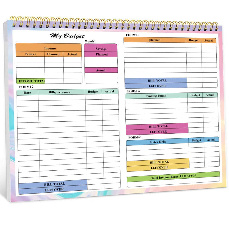 B5 spiral-bound budget tally notebook with a PP cover, open on a table.