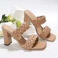 Apricot and white square toe flip-flops with a chunky heel and woven twisted straps