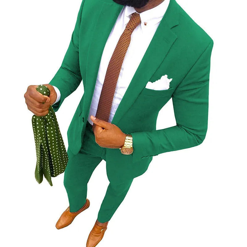 Men's two-piece suit in a choice of colours, showing jacket and trousers for formal banquet wear.