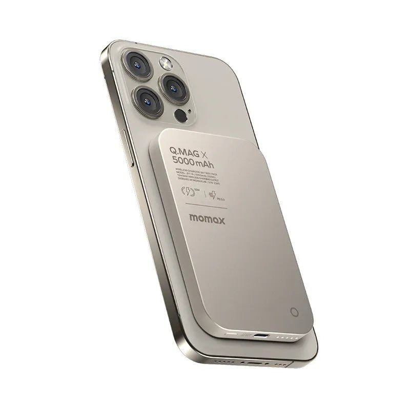 Magnetic wireless power bank with alloy shell in black and titanium gold colours.