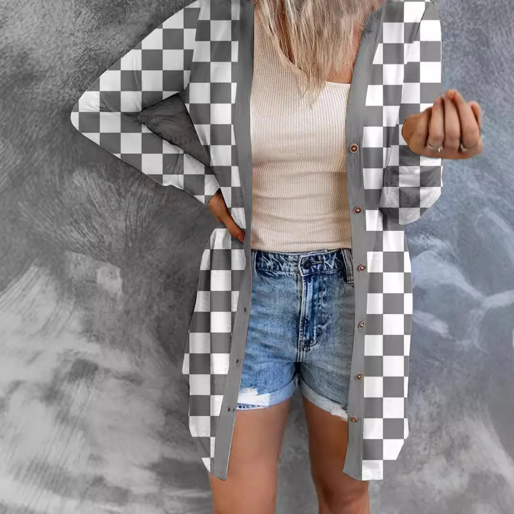 Women's long grey plaid knitted cardigan with contrast colour pattern and regular sleeves