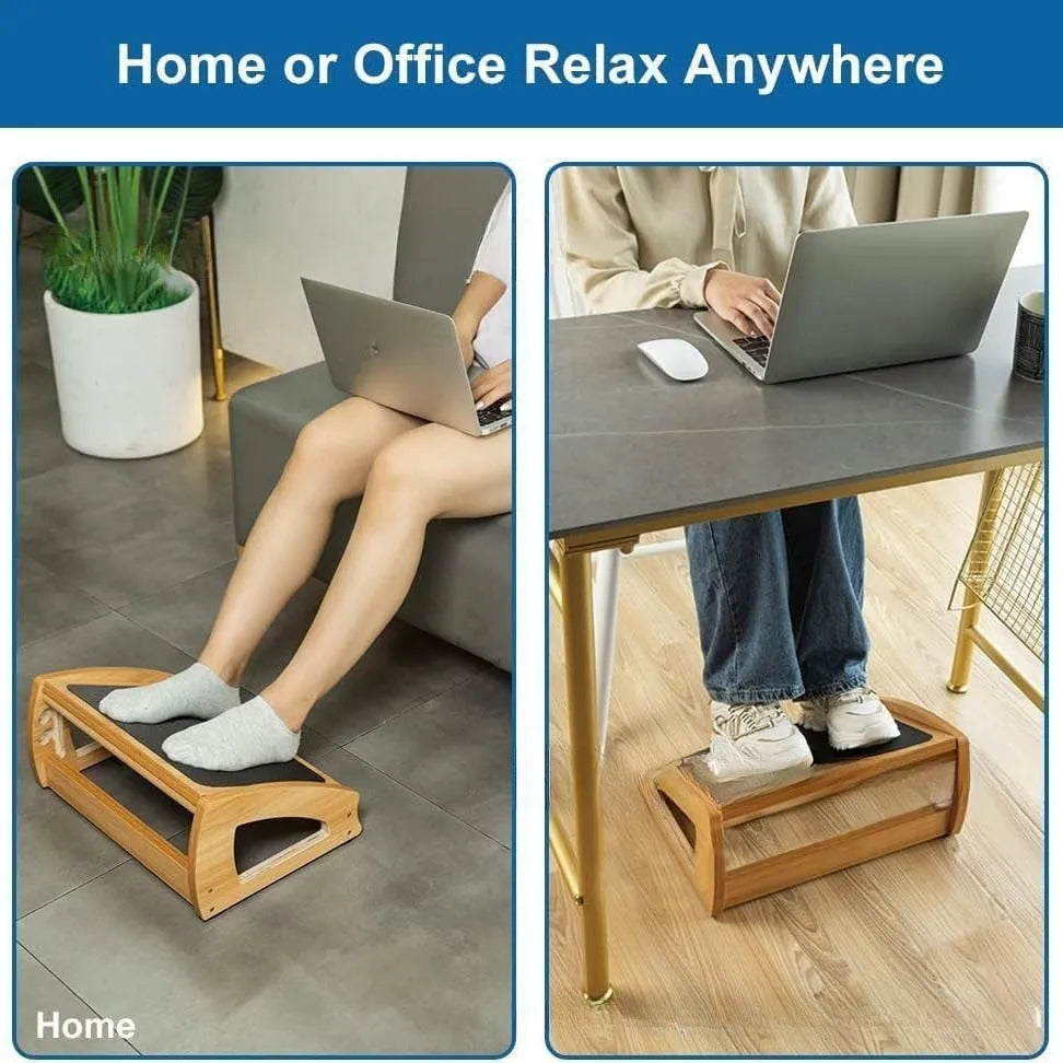Wooden adjustable bamboo office desk footstool in natural wood colour, shown as an under-desk ergonomic foot rest.