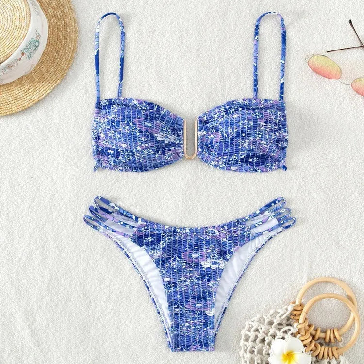 Women's floral bikini swimsuit with high-waist briefs in multiple solid colour options