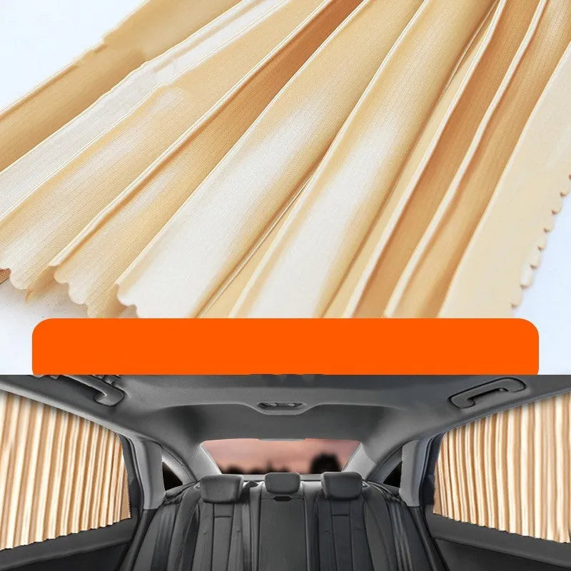 Auto-retractable roller shutter car sunshade curtain in thick opaque cloth.
