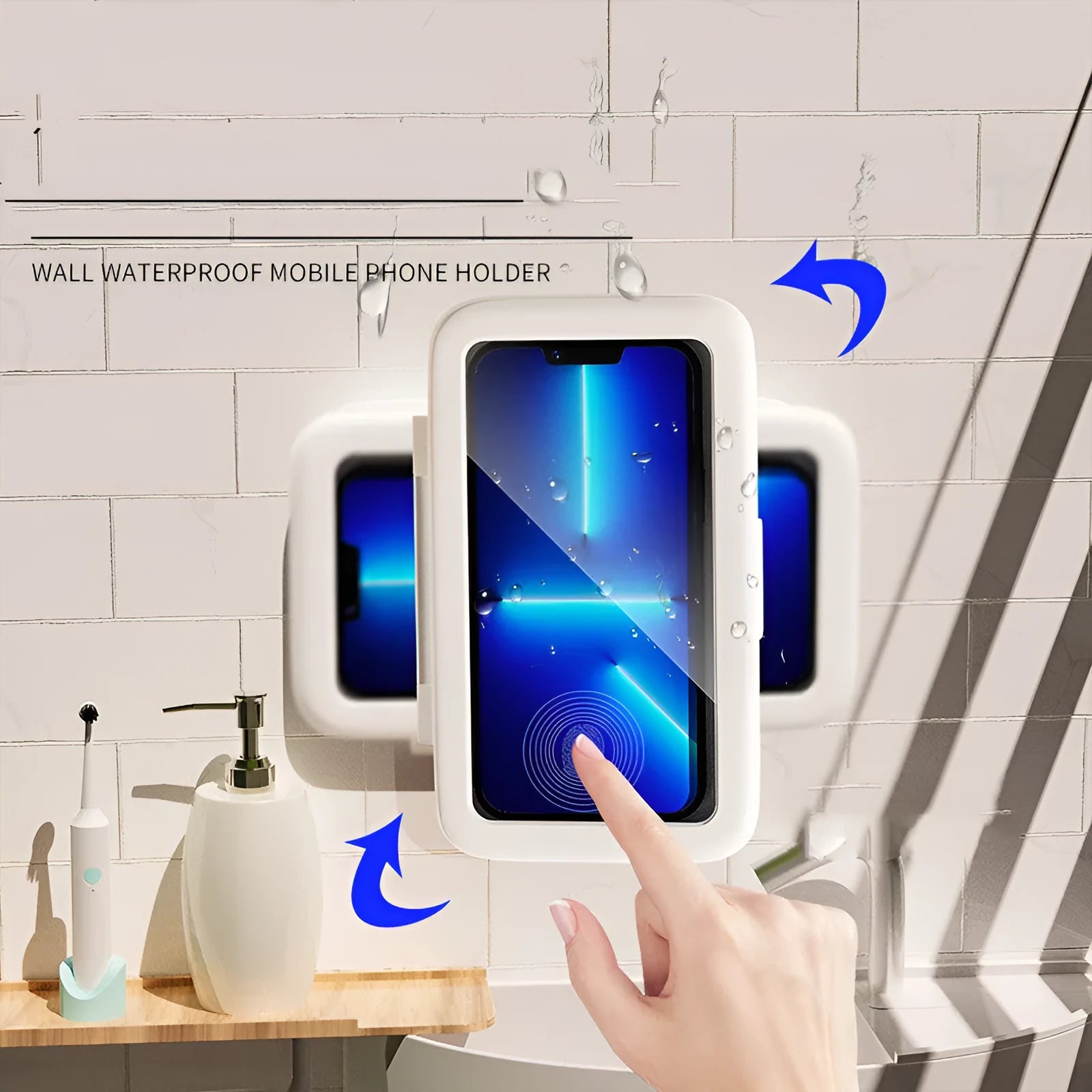 Waterproof phone holder mounted on bathroom tile showing mobile phone visible through anti-fog window