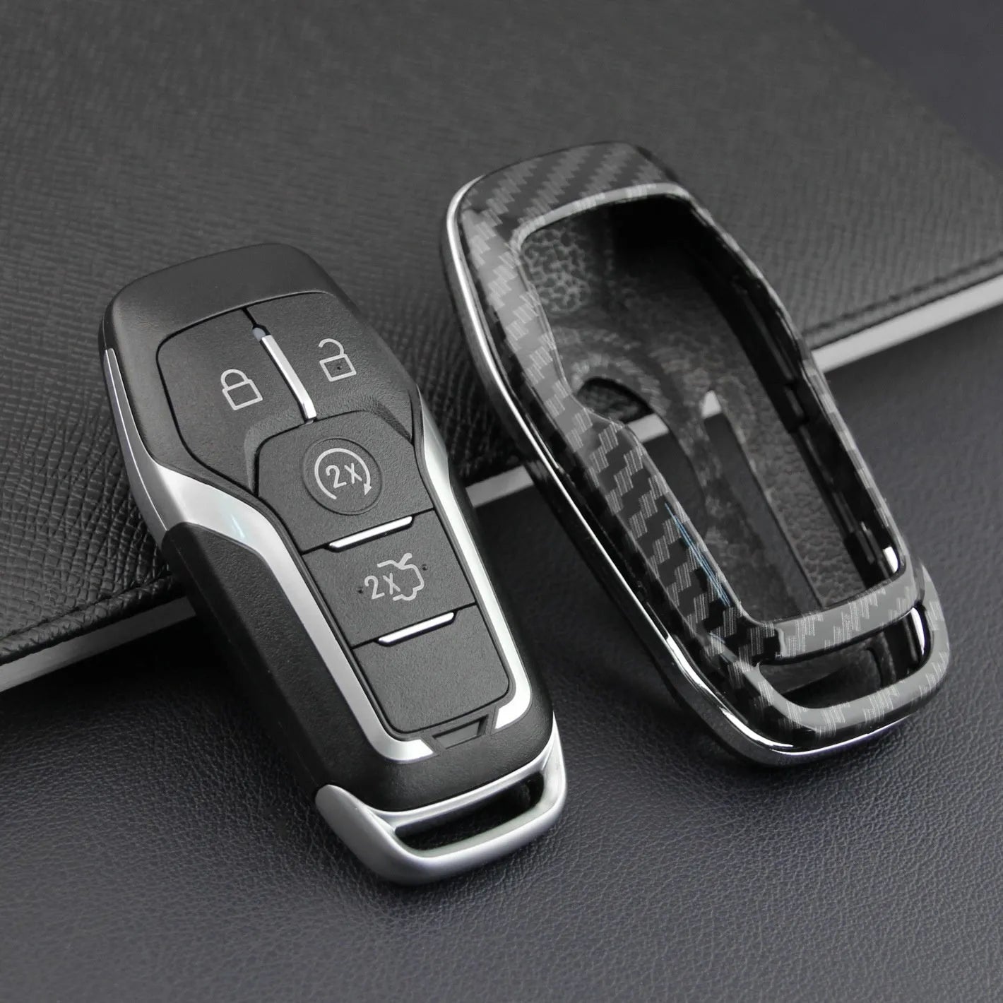 Plastic car key remote protective shell shown in single shell and buckle style options