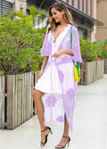 Light purple women's beach dress with lace embroidery detail, shown as swimwear cover-up