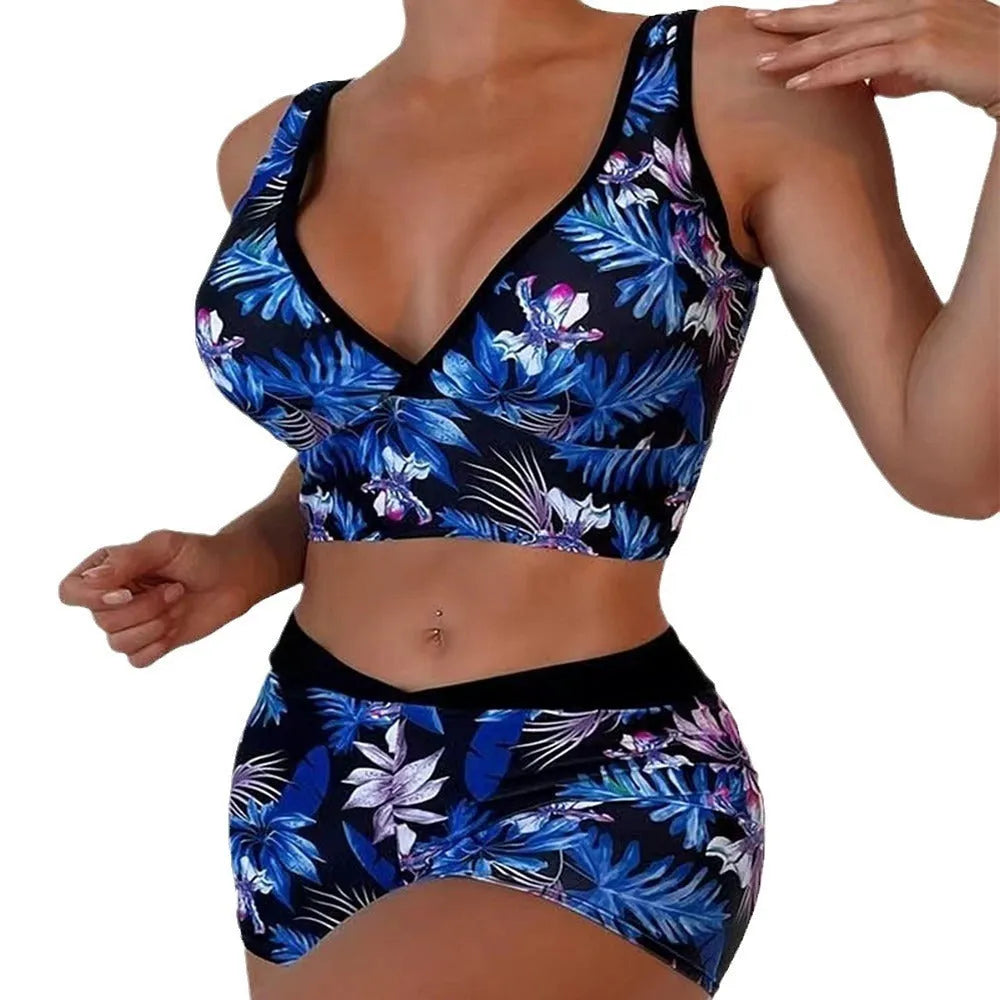 Women's two-piece polyester swimsuit with printed boxer shorts and sleeveless top