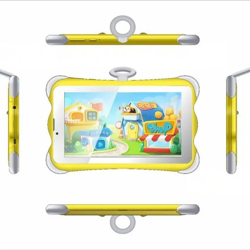7-inch children's learning tablet in cartoon colours with stand, showing 3G calling and Bluetooth features