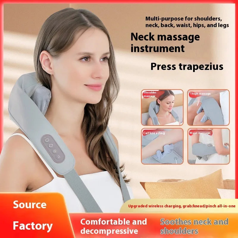 Grey USB-powered neck and back massager with infrared physiotherapy function and dual gear settings