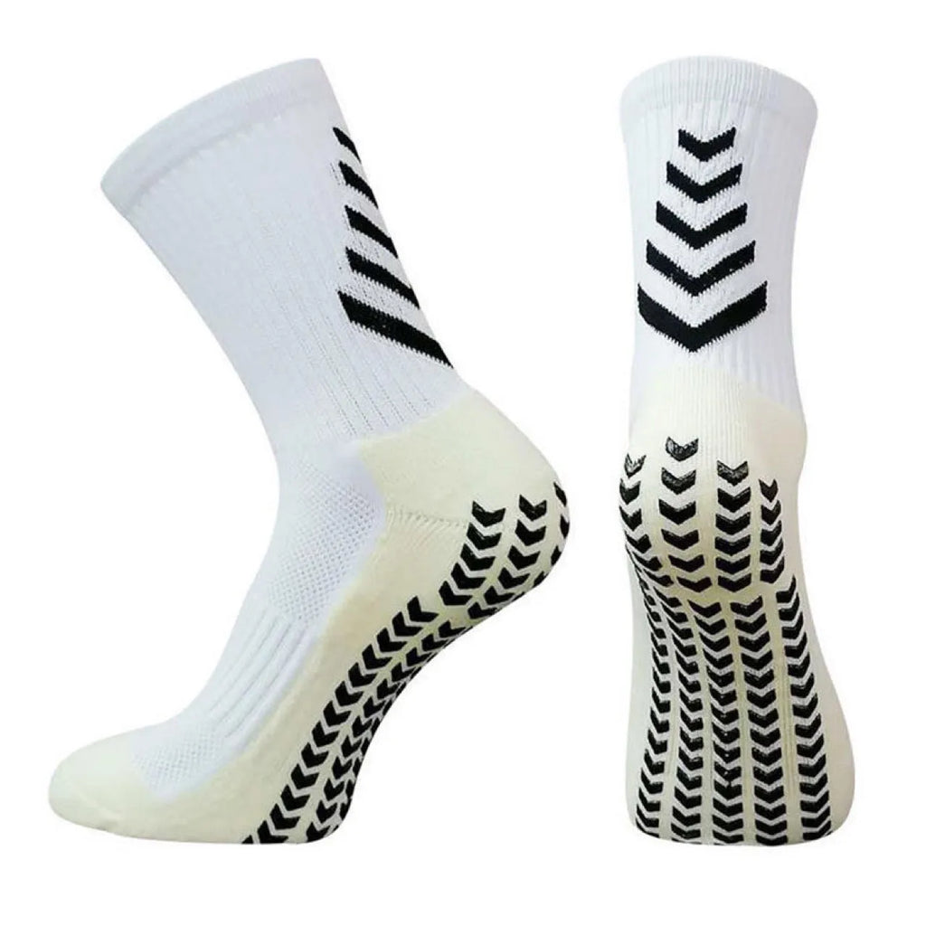 Men's mid-calf athletic socks with geometric patterns and silicone non-slip grip elements