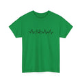 Green women's cotton short-sleeve t-shirt with printed letter pattern, showing regular sleeves and casual fit