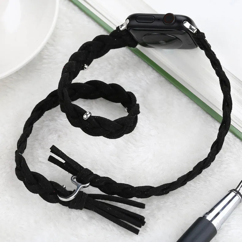 Genuine leather cord braided smart watch strap for iWatch in Black, Brown, Dark Brown, Green, Pink, and Red sizes 38/40/41mm and 42/44/45mm