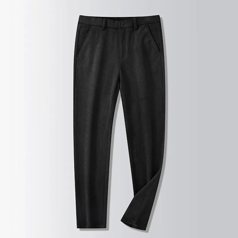 British retro striped straight leg trousers in a chemical fibre blend, shown in khaki colour.