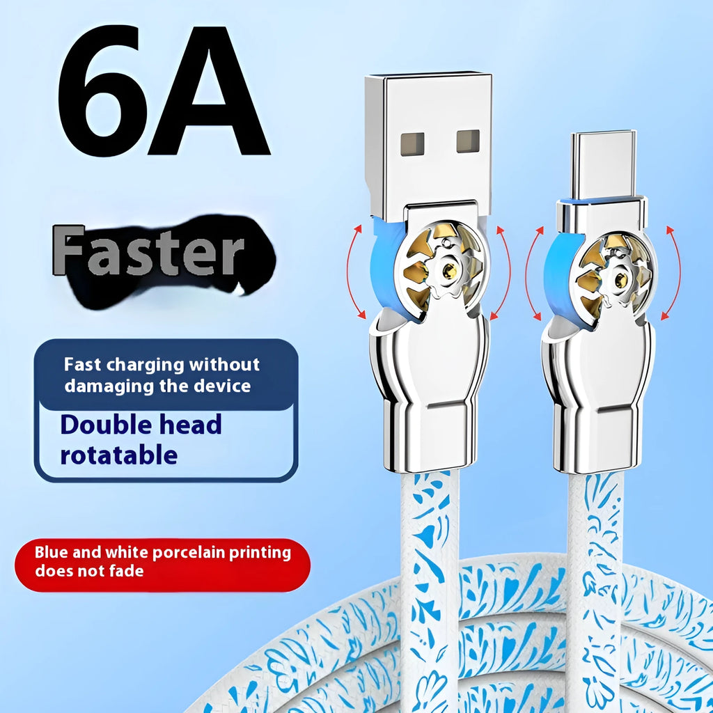 Blue and white porcelain printed woven fast charge data cable with double bend rotating design in 1m length