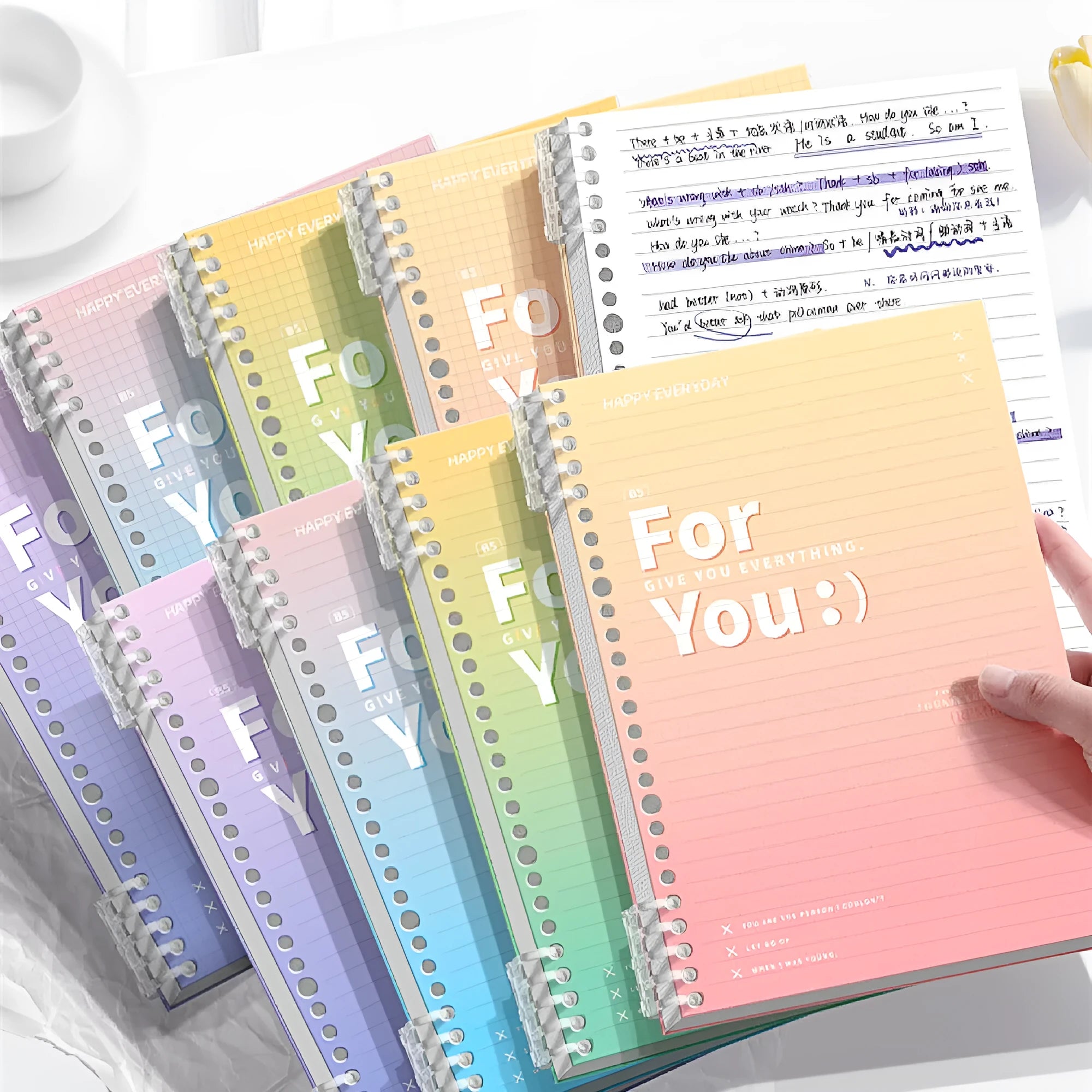 Removable coil gradient notepad with PP plastic cover in blue, green, pink, and purple options