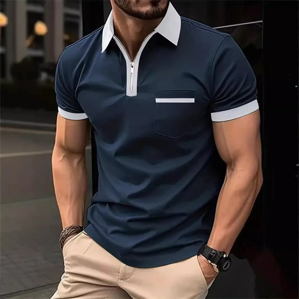 Men's loose fit casual short sleeve shirt with chest pocket and zipper decoration detail