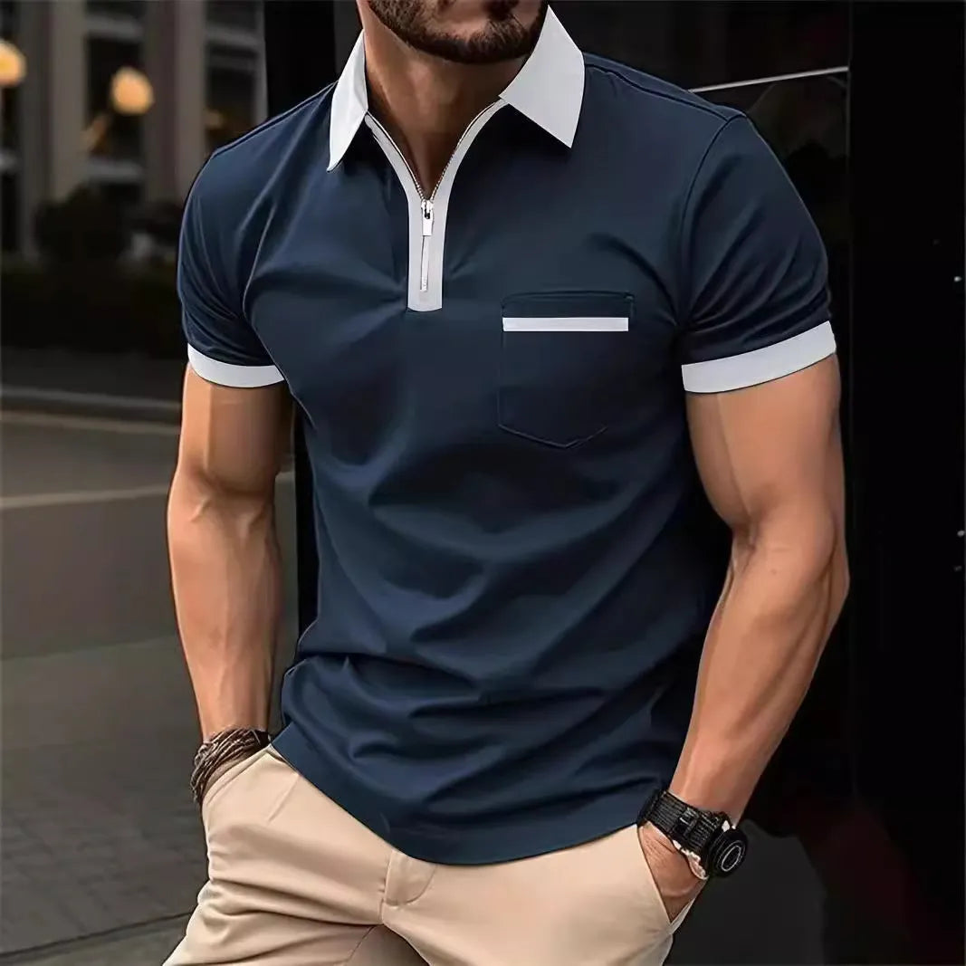 Men's loose fit casual short sleeve shirt with chest pocket and zipper decoration detail
