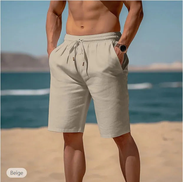Men's cotton linen drawstring shorts in solid colour with elastic waist for summer beach wear