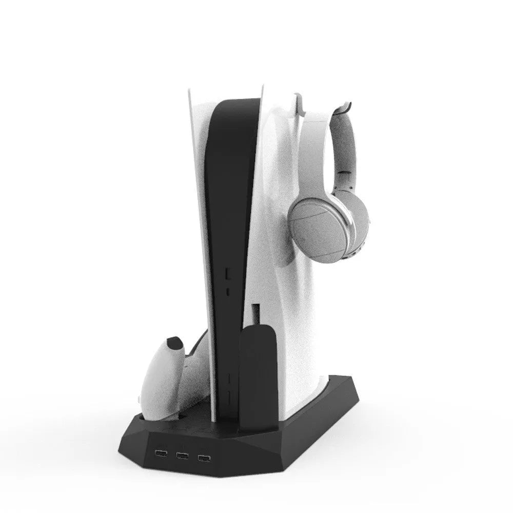 PS5 charging base radiator in black and white showing controller storage slots and cooling design