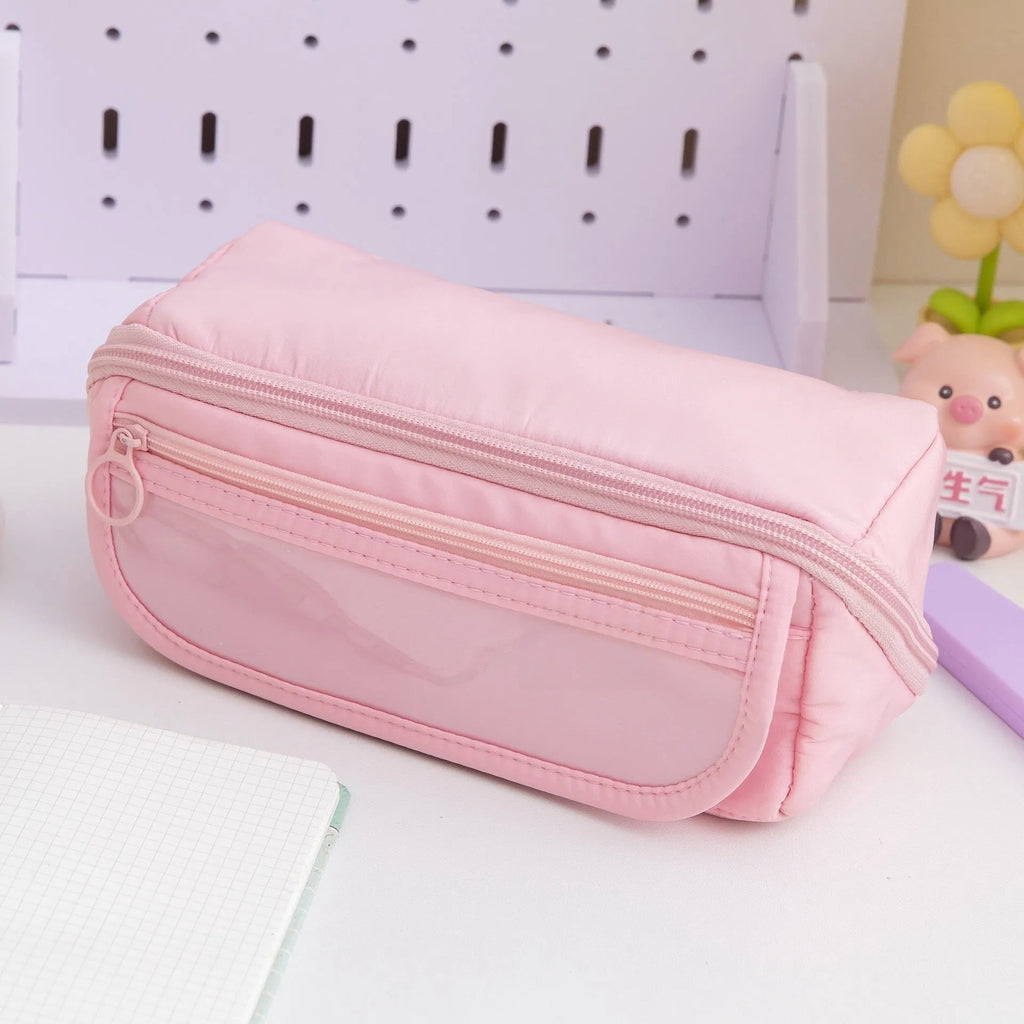 Korean style canvas pencil case unfolded to show ten-layer flip design in milky white colour