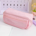 Korean style canvas pencil case unfolded to show ten-layer flip design in milky white colour